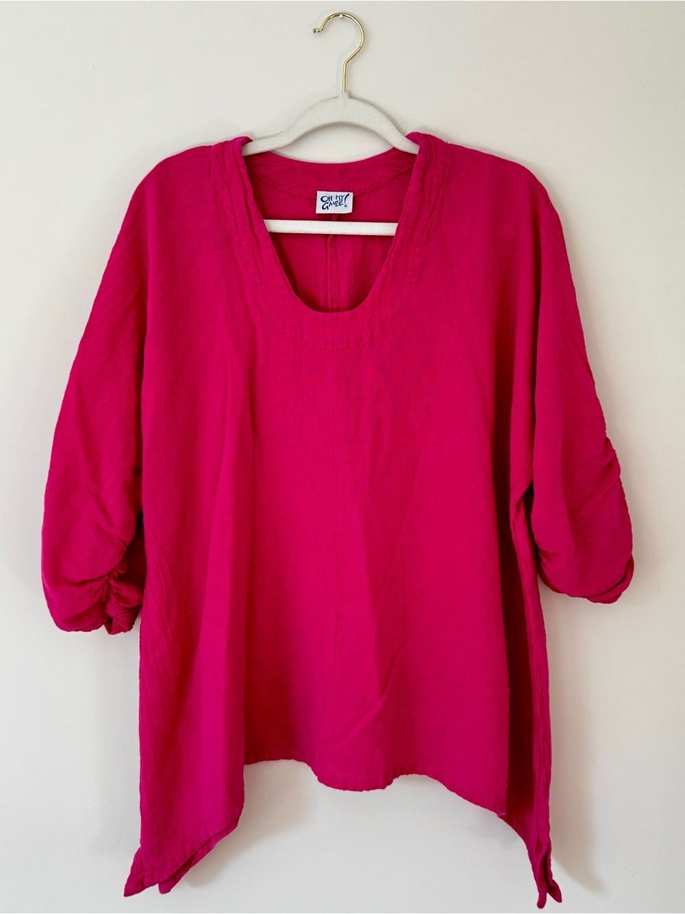 Oh My Gauze! Ruched 3/4 Sleeve Scoop Neck Tunic, Pink – Size 3 (XL / XXL)
